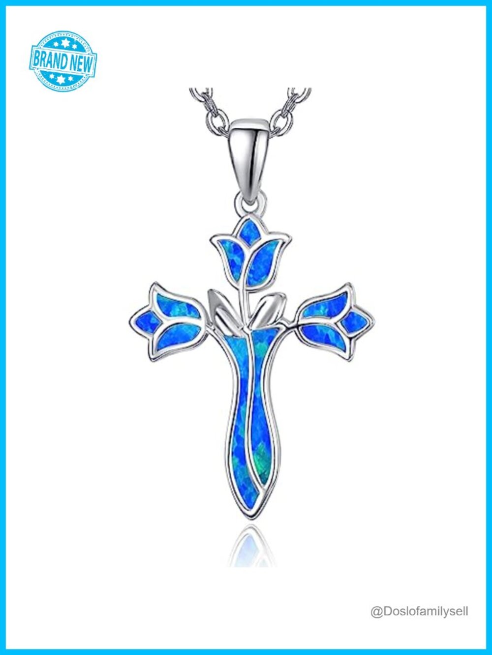925 Sterling Silver Cross Necklace Blue Opal Pendant Religious Gift